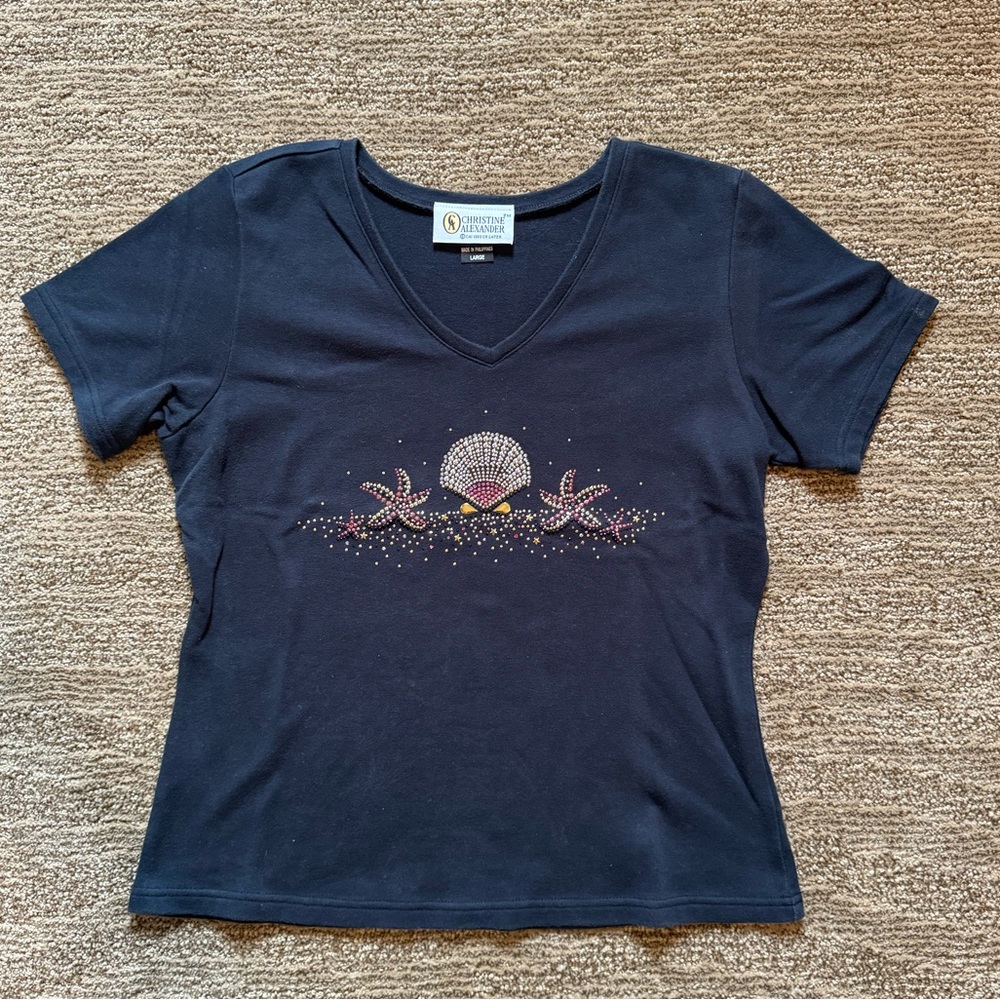 Christine Alexander Black Sea Shell Embellished T-Shirt